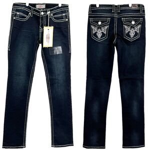 Iris Jeans Women's Navy Straight Leg Jeans Size 5 Embellished Flap Pockets NWT